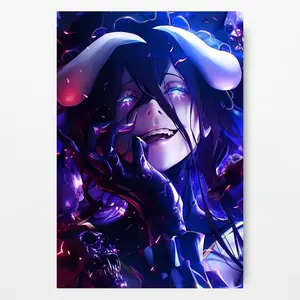 Albedo Overlord Poster with Evil Laugh and Glowing Eyes, Purple Neon Demon Aesthetic, Sharp Pattern Anime Wall Art for Otaku Room and Gaming Setup Decor
