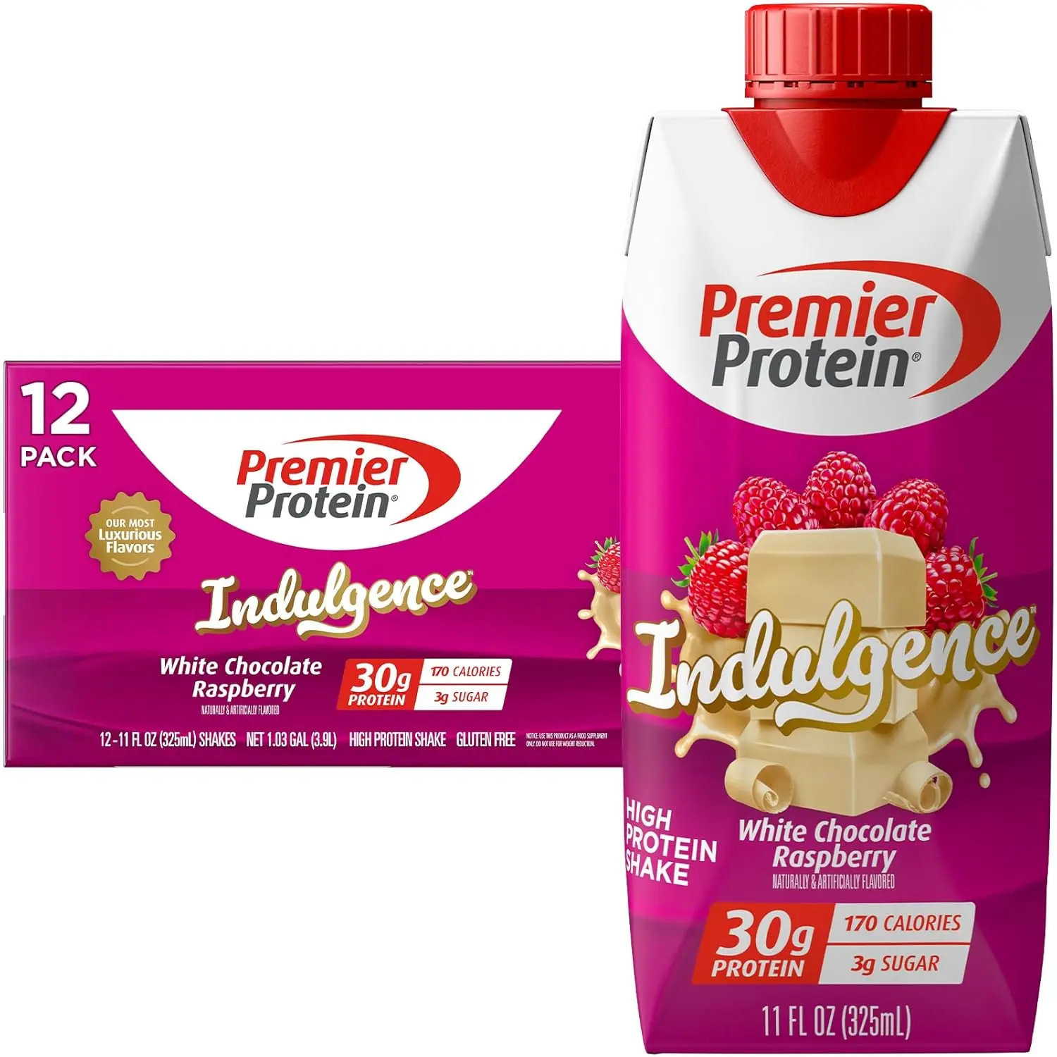 Premier Protein Shake INDULGENCE, White Chocolate Raspberry, 30g Protein, 170 Calories, 3g Sugar, 11 fl oz, 12 Pack
