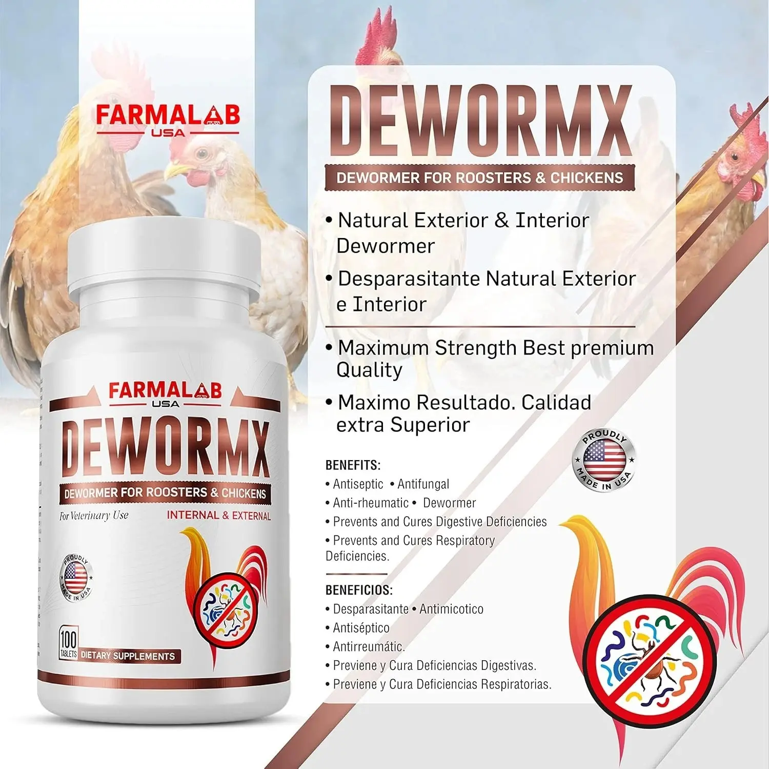 Farmalab Natural Dewormer Internal & External 100 Tabs Poultry NO Egg Withdrawal