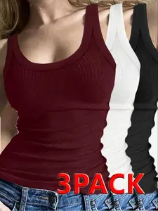 Women's Solid Ribbed Tank Top, Casual Sleeveless Round Neck Top for Summer, Ladies Clothes for Daily Wear