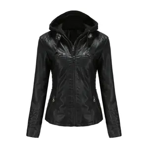 Black women’s PU leather bicycle jacket with detachable hood, synthetic leather motorcycle jacket, long-sleeved street fashion S–XL jacket