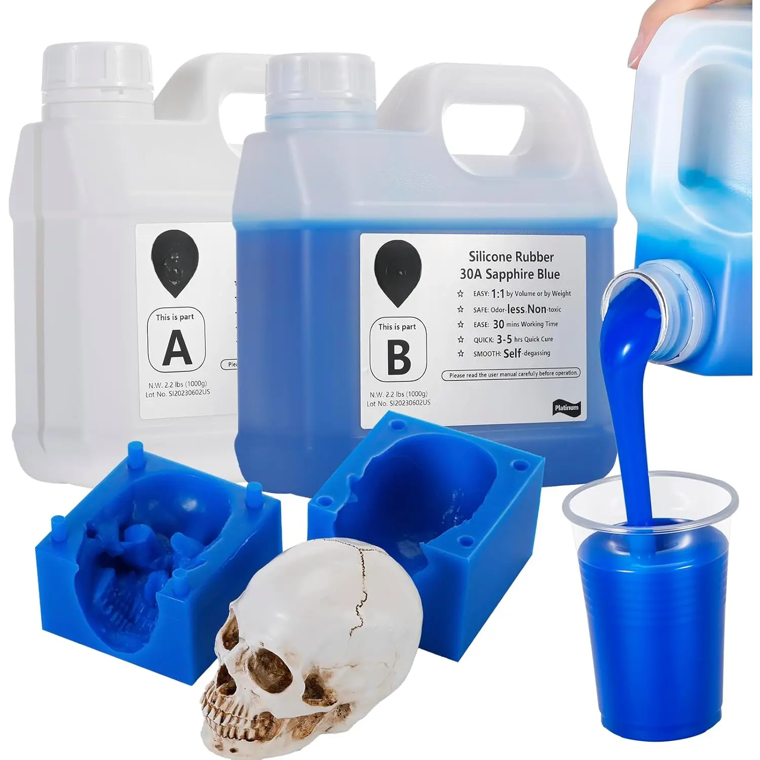Mold Making Kit, Liquid  for Molds Making 30A  Blue, High Strength Silicon Rubber 4.4 lbs, 1:1 by Volume Ideal for Mold Casting of //Candle/Concrete/Plaster