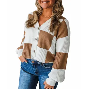 Checkered Pattern Ribbed Detail Button V Neck Sweater Cardigan