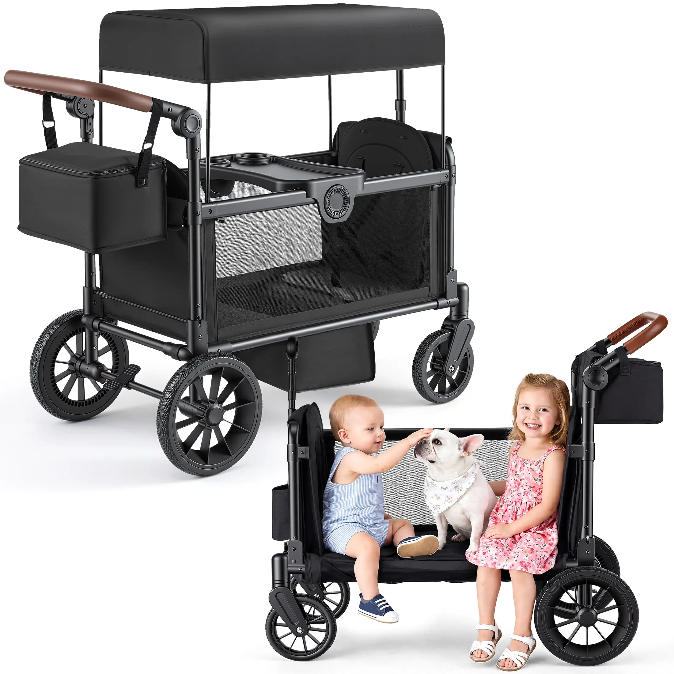 HARPPA Foldable Wagon Stroller for 2 Kids, All-Terrain Stroller Wagon with Removable UV Canopy, 5-Point Harness, Bench Seat, Portable Outdoor Kids Wagon for Toddlers, Gray