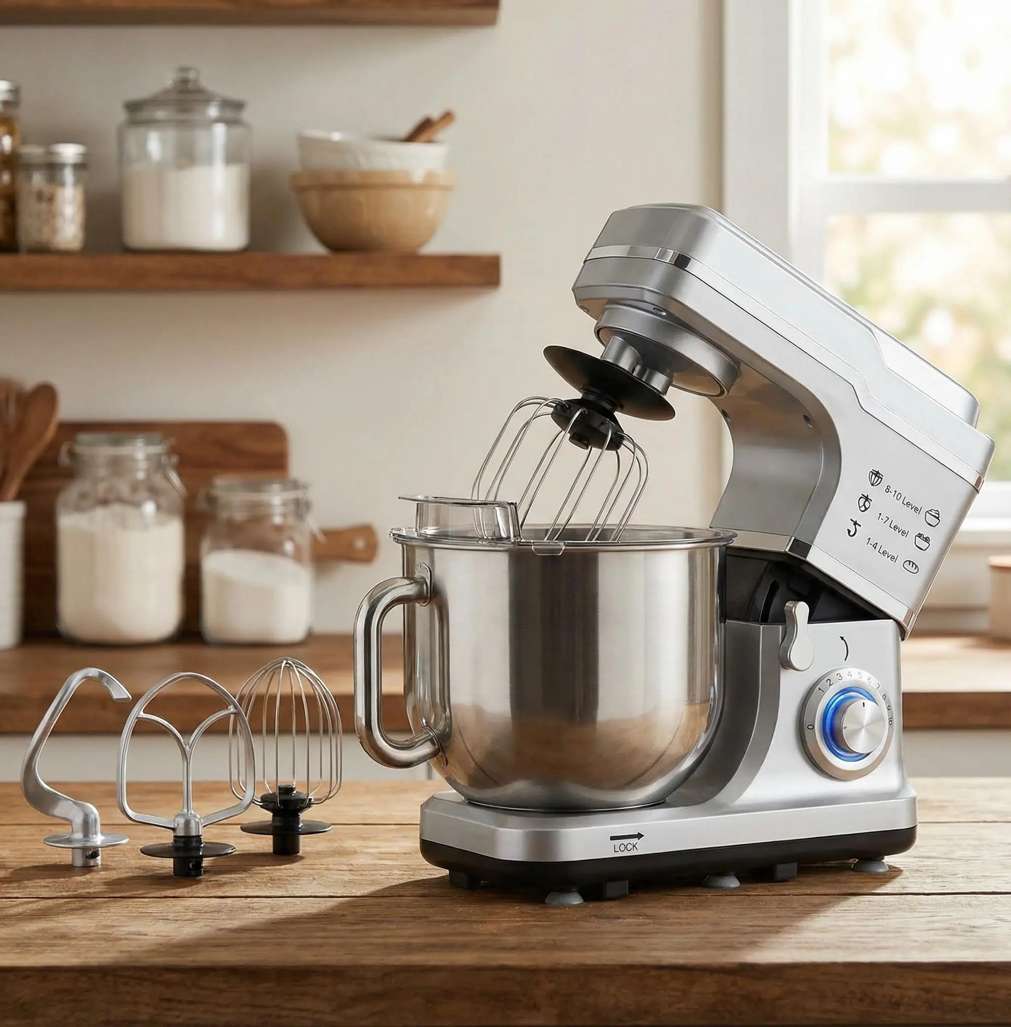 Gaomon Kitchen Mixer - 7.5 QT Stainless Steel Bowl, 660W Motor, 10 Speed Options, Tilt-Head & Bowl-Lift Design, Anti-Slip Base, Automatic Shut-Off, Attachments, Compact Daily Baking Tool for Home Bakers, Silver, Appliance Cover Included, Whisk, 10-Speed S