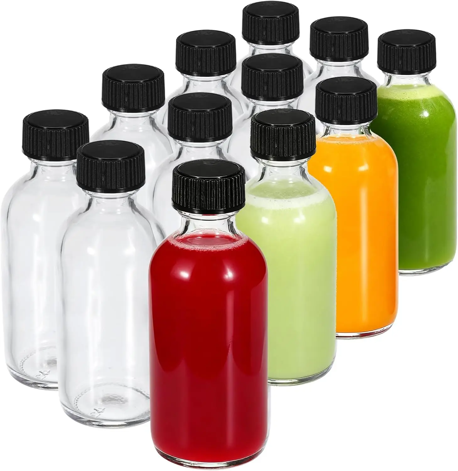 12-Pack 2 oz (60ml) Small Glass Boston Round Bottles with Lids - Leak-Proof Mini Travel Containers for Ginger Shots, Juice, Whiskey, Samples | W/Labels, Funnels & Brushes