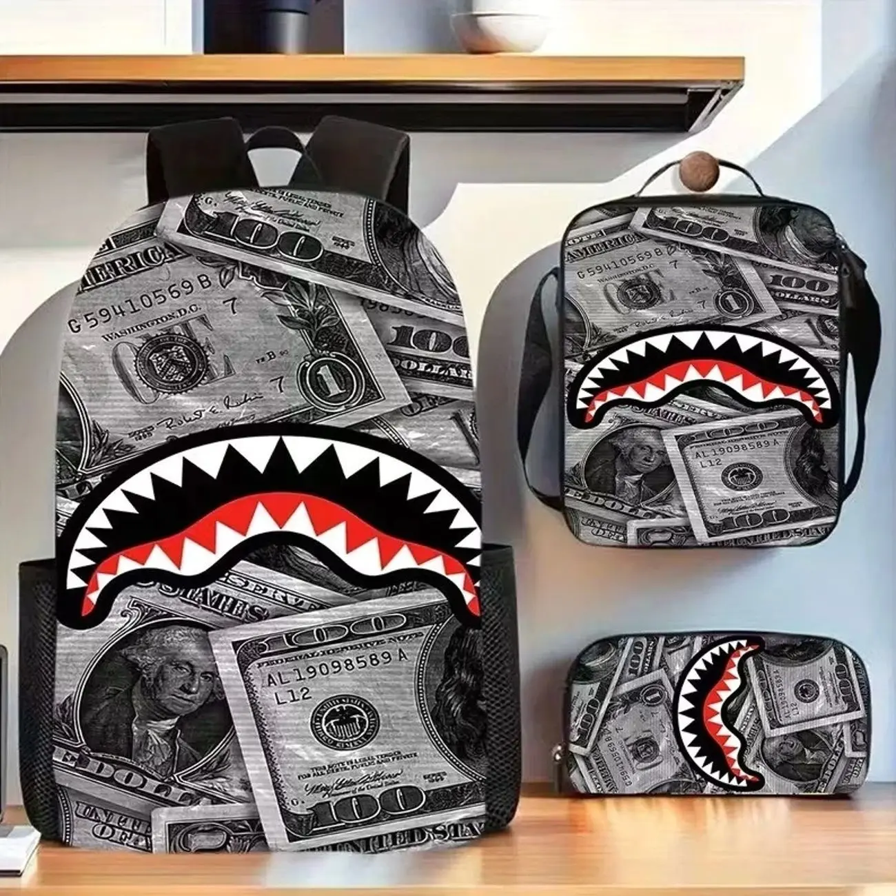 Shark Pattern Camo School Bag, Lightweight Large Capacity Backpack, Water Resistant Student Backpack, 1/2/3 Piece Options