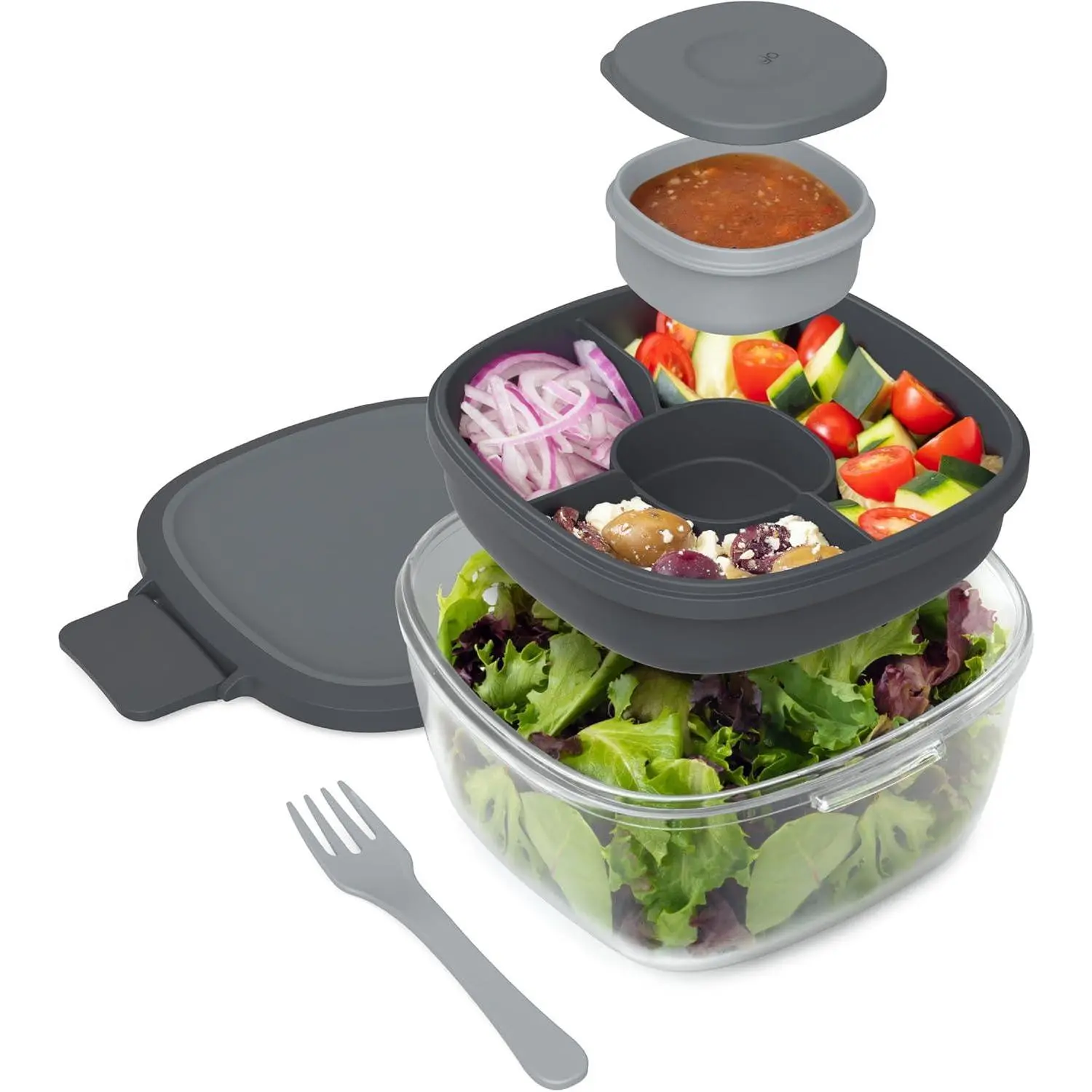 Glass All-in-One Salad Container - Large 61-oz Bowl with Lid  4-Compartment Bento-Style Tray 3-oz Sauce and Reusable Fork Dishwasher Microwave Oven Safe (Dark Gray)