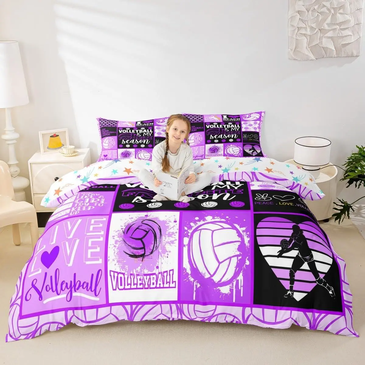 Volleyball Duvet Cover Set Balls Sports Bedding Set Bedroom Decor Fashion Geometric Patchwork Plaid Comforter Cover Purple Black Quilt Cover