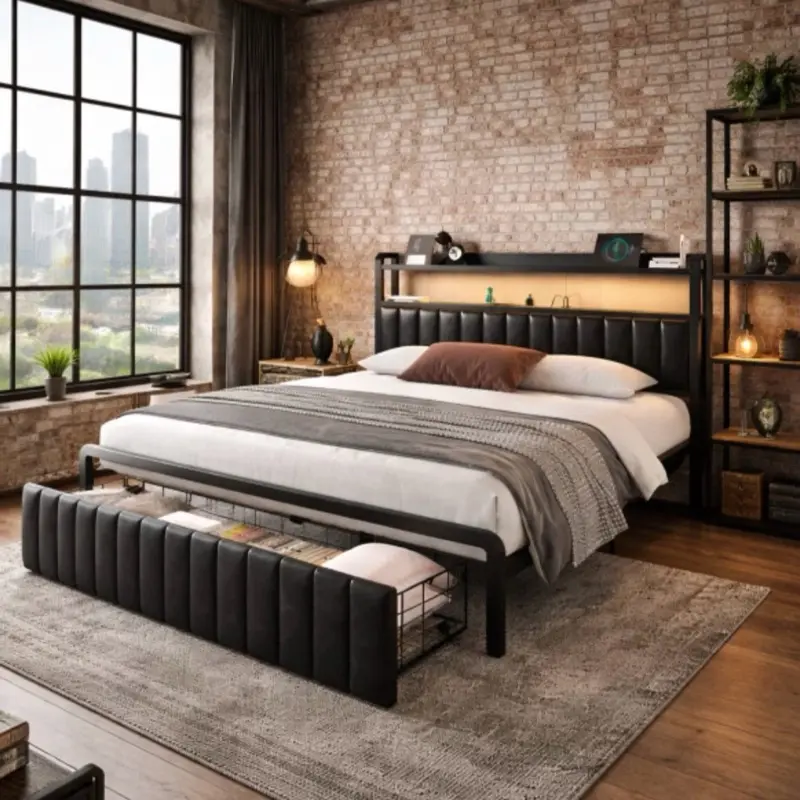 Full Queen Size Bed Frame with Storage Drawers, 2-Tier Storage&LED Headboard