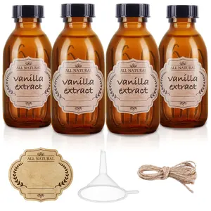 4 oz Boston Glass Bottle with Cap, Empty Glass Bottles for Homemade Vanilla Extract, Essential Oils, Juice, Potion, Syrup, Liquids, Christmas, Holiday Gift (Brown 4 Pack)