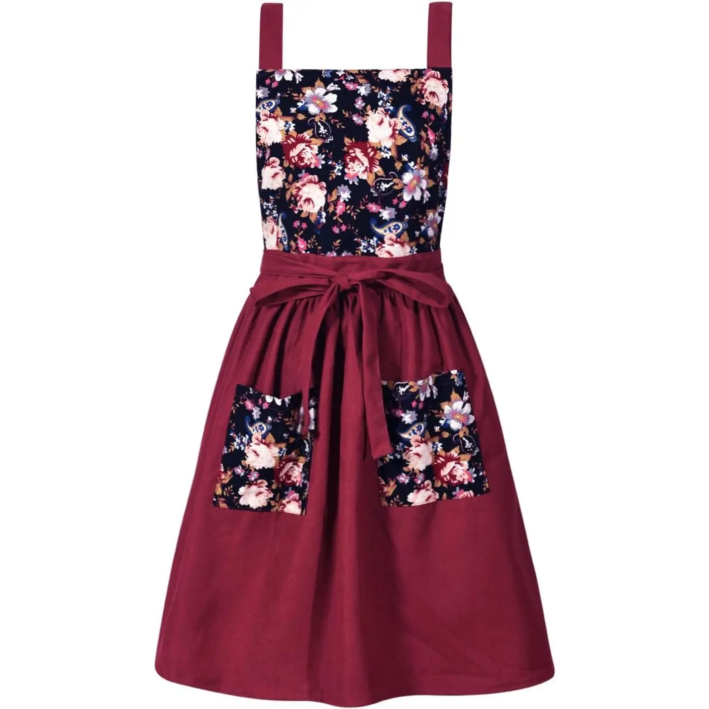 Women's Retro Flower Pinafore Apron Dress with Pockets, Straps, Comfortable Durable Fabric for Kitchen Cooking, Gardening, Washable