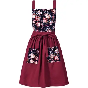 Pinafore Apron Dress for Women with Pockets Cute Floral Chef Aprons for Kitchen Cooking Baking Gardening