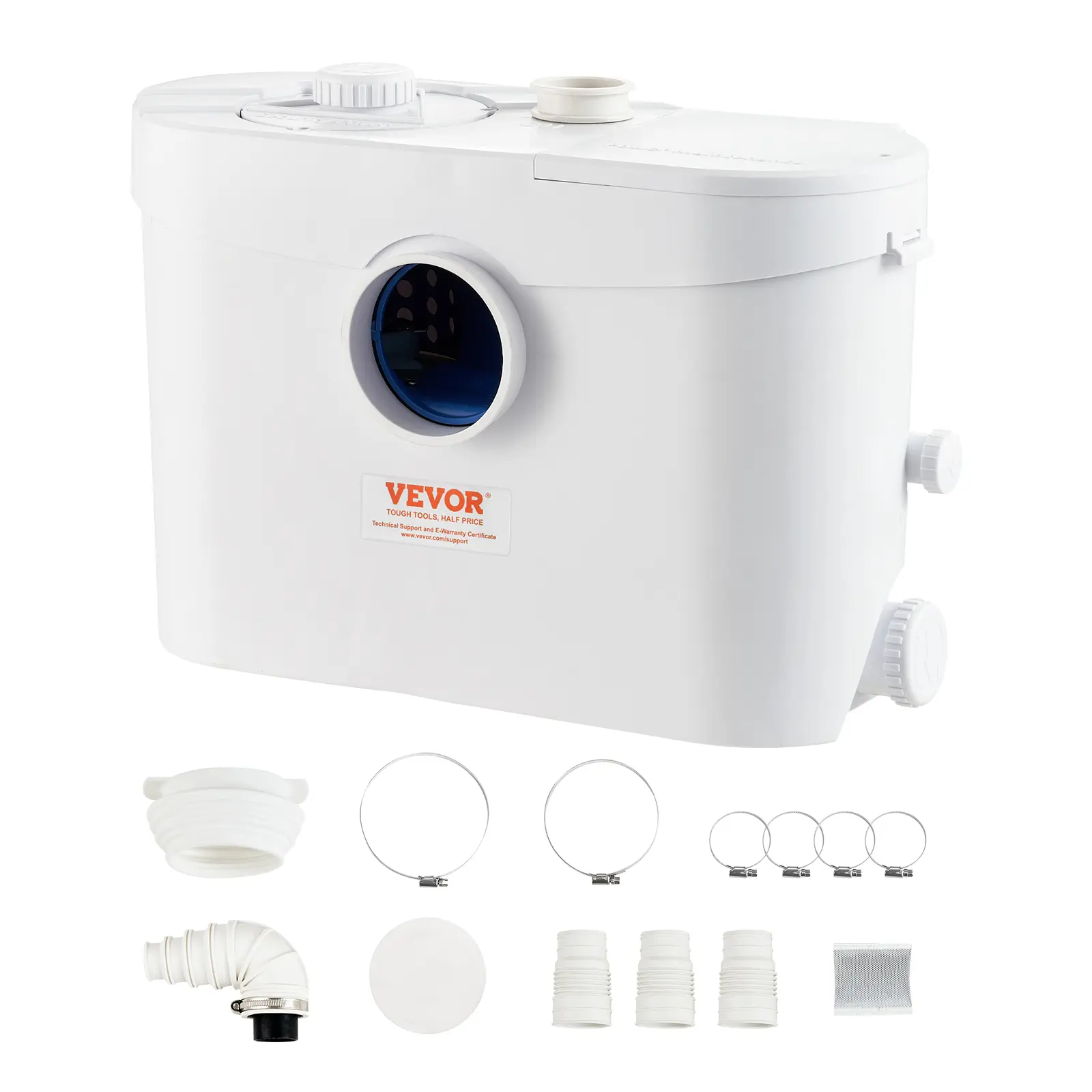 VEVOR 700W Submersible Macerator Pump with 700W Copper Motor, 9600 L/h Flow Rate, 32.8 ft/10 m Head, 3 Water Inlets, Compact Heat-Resistant Upflush Machine (75℃/90℃ Water Compatible) with Check Valve, Odor Control for Toilet, Basement Waste Disposal