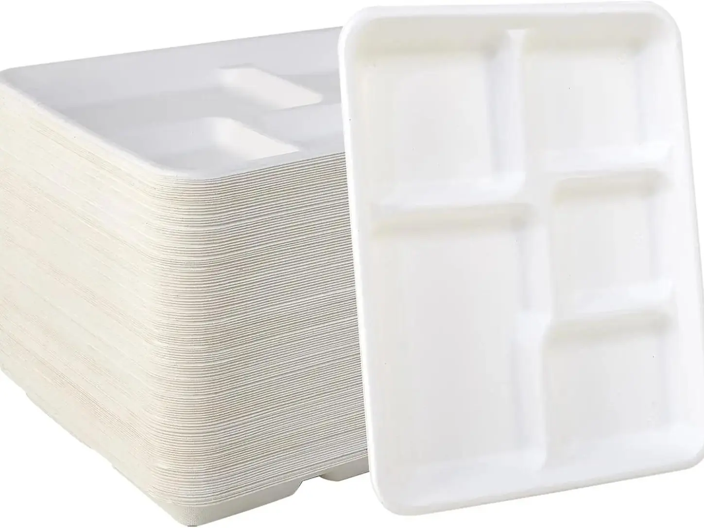 500-Pack Sugarcane Fiber Disposable Plates - Eco-Friendly, Leak-Proof, 5-Compartment Biodegradable Trays for Sustainable Living, Ceremony, Party Needs
