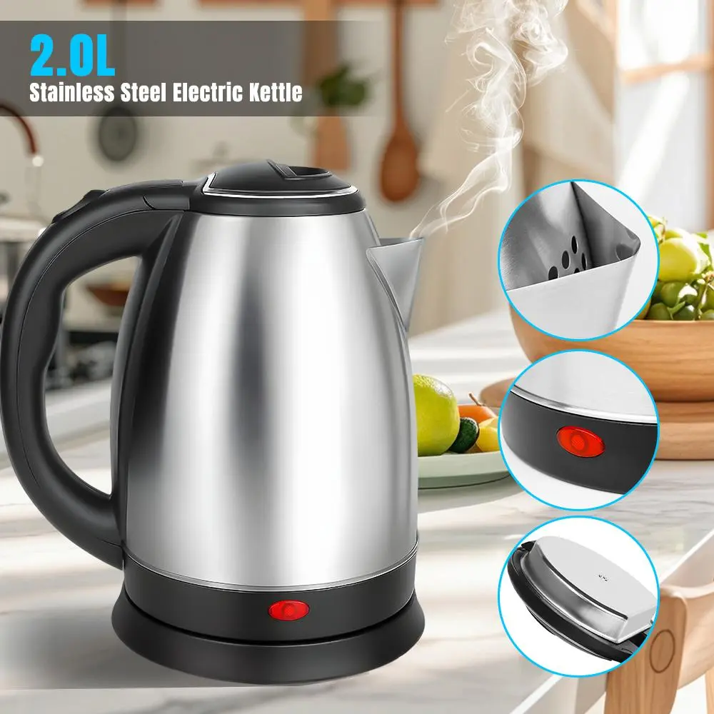 Electric Kettle, 2L Stainless Steel Electric Water Kettle with Automatic Shut Off, Fast Boil Dry Leakproof Coffee Kettle for Tea (US Plug 110V) Metal Water Boiler