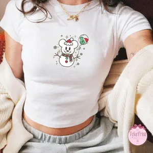 Retro Mickey Christmas Baby Tee Crop Tank, Vintage Mickey Snowman Xmas Family Matching, WDW Xmas Girly Shirt, Mickey's Very Merry Christmas