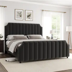 Queen Size Platform Bed Frame with 50.2" Headboard,Velvet Upholstered Bed Frame Queen with Vertical Channel Tufted Headboard & Footboard,Nailhead Trim,No Box Spring Needed,Black