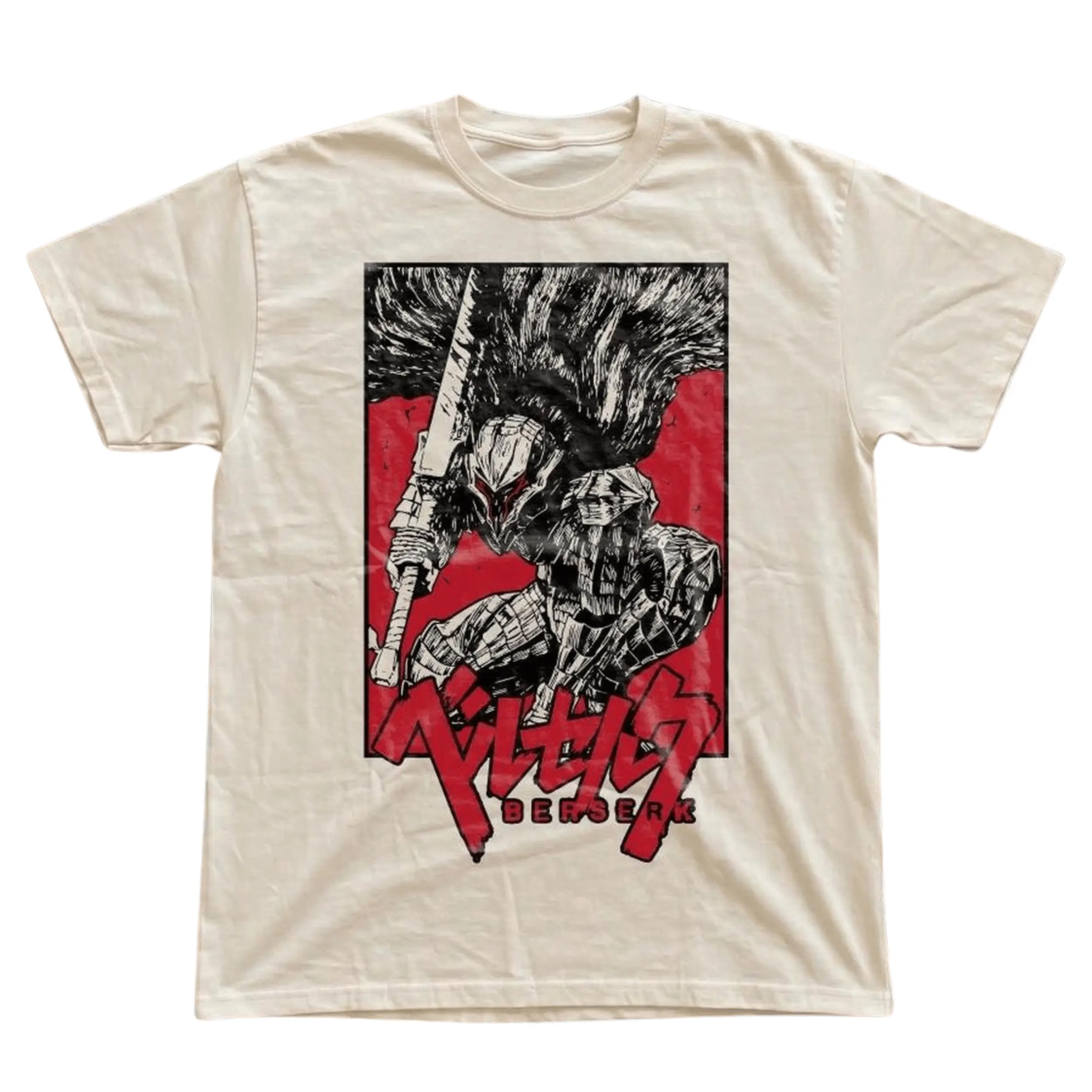 Gildan Men's and Women's T-Shirt, Vintage Berserk Graphic Tee, Berserker Armor Guts Merch, Dark Fantasy Anime Clothing, Kentaro Miura Manga Fan Apparel, Japanese Katakana Art, Grunge Streetwear Top, Cream Color Aesthetic, Retro Otaku Gift Shirt