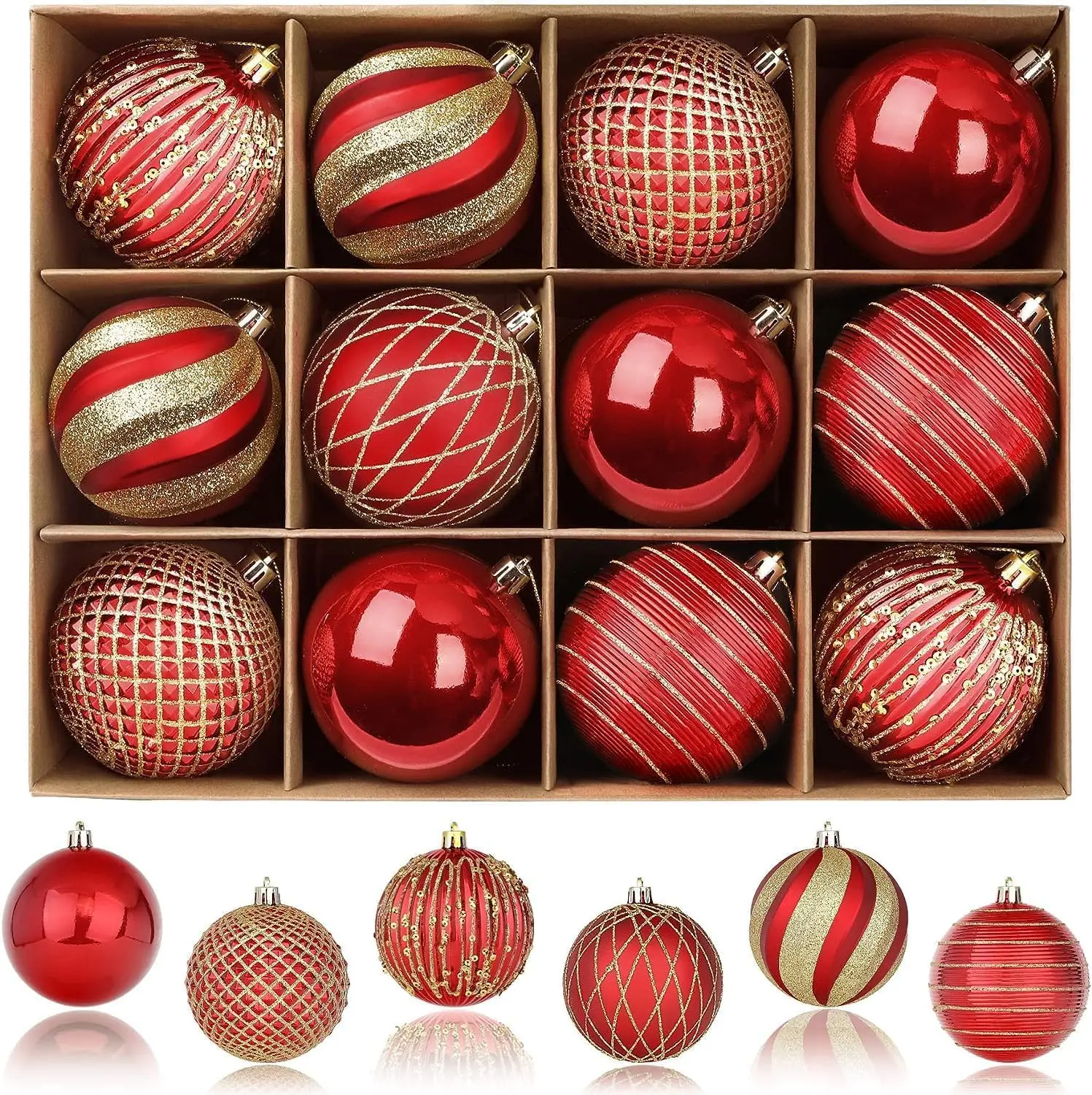 SHareconn 80mm (8cm) Shatterproof Plastic Christmas Ball Ornaments Set, 12PCS Round Festive Hanging Decorations with Lanyard, Red & Gold for Xmas Tree, Holiday Party