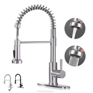 Modern Kitchen Faucet with Pull Down Sprayer Brushed Nickel Single Handle Compact Design Suitable for 1 or 3 Holes FixturesFFMotionMode