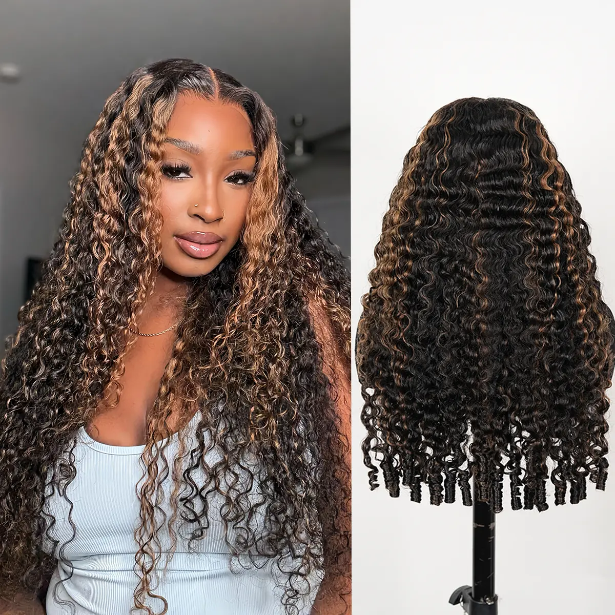 Bangjazz 13x6 Burmese Curly Ready To Wear Highlight Lace Front Wigs Human Hair for Beginners Pre Bleached 200 Density Drawstring Wig With Finger Coil Ends Pre Cut Lace For Women #SummerVibes