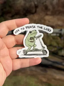 Funny Christian Frog Sticker Off to Praise the Lord, Cute Religious Meme Sticker, Faith Humor Vinyl Sticker for Laptop Water Bottle