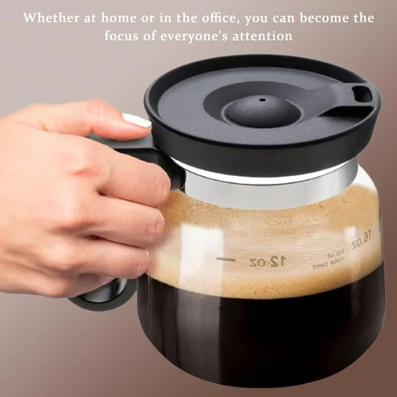 16-ounce glass coffee mug, coffee pot shaped, 4 inches tall. A cute and compact novelty coffee mug, shaped like a mini coffee pot.