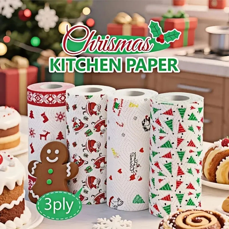 Christmas Kitchen Paper – Thick 3-Layer Disposable Roll, Versatile Wet & Dry Dual-Purpose, Highly Absorbent Household Paper Towels, Cleaning Supplies, Random Style, Xmas Home Cleaning, Christmas Gift Idea, Absorbent Tissue, Wipes, Holiday Decor Paper