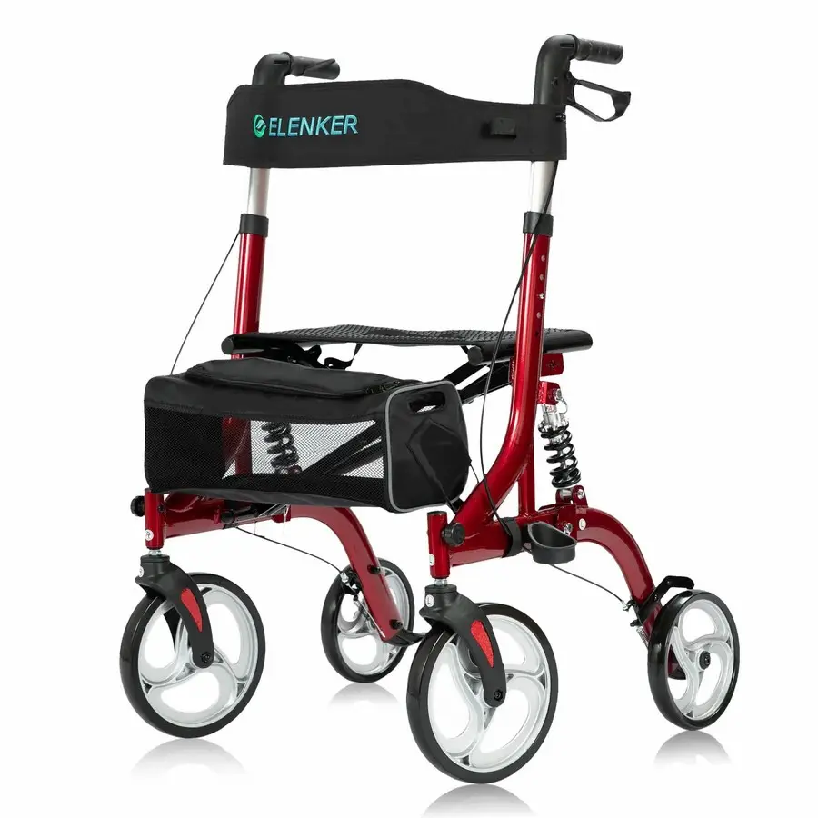 ELENKER HFK-9211 Safety Rollator Walker with Seat, Healthcare Equipment with Shock Absorption, Carrying Bag, Padded Seat & Backrest for Seniors