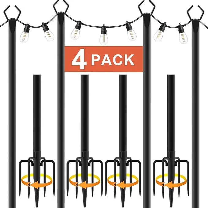 10Ft Outdoor Metal String Light Poles with Fence Brackets - Height Flexible, Efficient and Excellent Use for Hanging Outdoor Lighting on Decks, Patios, Walls