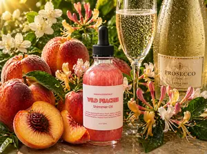 Wild Peaches Moisturizing Shimmer Oil Sparkling Prosecco, Peach, Apricot, Juicy Berry, Waterfruit, Honeysuckle, Magnolia, Wild Jasmine, Bergamot, Sugared Musk, Sandalwood, Teakwood by Karafa Essentials