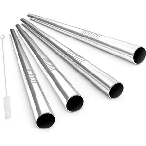 Boba Straws with Case and Cleaning Brush, 4-Pack Extra Wide Stainless Steel Metal Bubble  Straw for Smoothie, Shakes, Tapioca , 12 mm x 9 inch