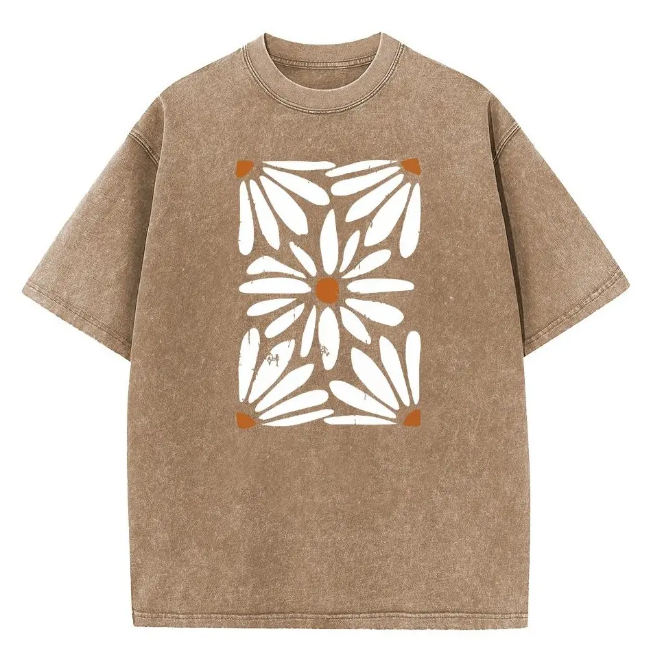 Holafish Women's Acid Washed T-Shirt, Vintage Boho Daisy Botanical Print, Casual Cotton Oversized Fit Short Sleeve Round Neck Top