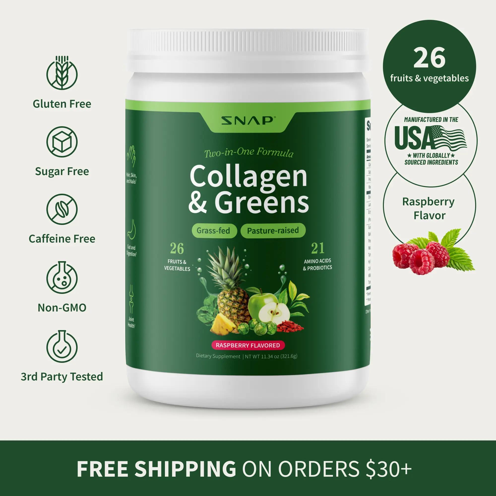 Snap Supplements - Collagen & Greens Powder - 30 Servings - Natural Supplement - Raspberry Flavor Healthcare Dietary Snap Supplements - Collagen & Greens Powder - 30 Servings - Natural Supplement - Raspberry Flavor Healthcare Dietary