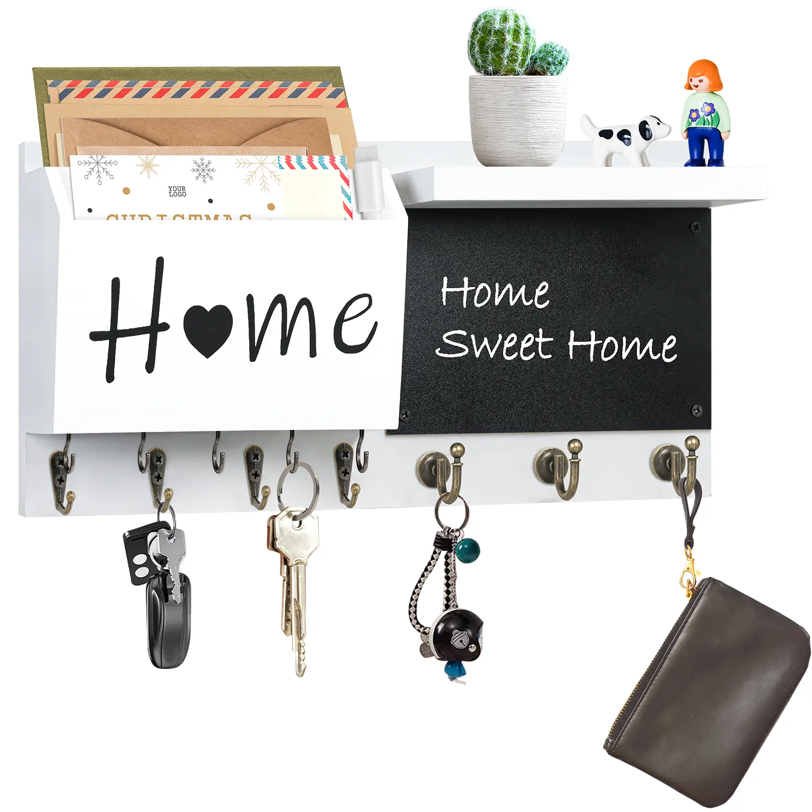 14.6x7.1x3.3in Rectangular Hanging Wooden Wall-Mounted Key Storage Organizer - 12-Hook, Chalkboard Mail Slot, Metal Shelf, Country Rustic Home Decor Shelves for Entryway, 22lb Capacity Home Organizer Rack (1 Unit)