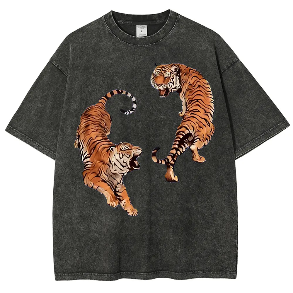 Women's Oversized Round Neck Short-Sleeve Graphic T-Shirt - Acid-Washed Cotton, Dual Bright Tiger Print Vintage Streetwear, All-Seasons Casual Clothes, Unisex Gift Top