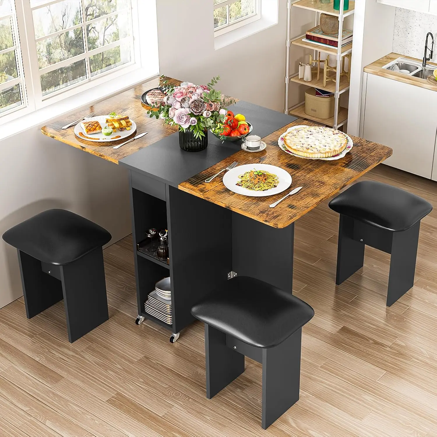 AWQM Folding Dining Table Set for 4 with Leather Chairs & Shelves, Space Saving Foldable Design, 6 Wheels for Easy Storage, Waterproof Grey