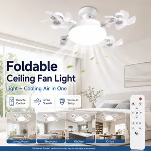 Foldable Ceiling Fan Light with Remote, 4-Blade Screw-In LED Fan Lamp, 3-Speed Portable Ceiling Fan for Bedroom, Kitchen, Office