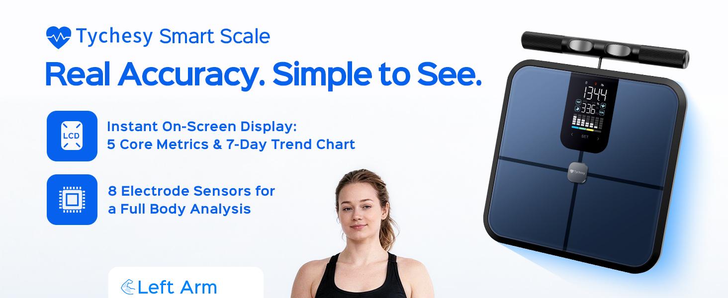 Tychesy 8-Electrode Smart Body Fat Scale with Handle | Segmental Body Composition Analyzer | 20+ Metrics | Large LED Display Tychesy 8-Electrode Smart Body Fat Scale with Handle | Segmental Body Composition Analyzer | 20+ Metrics | Large LED Display