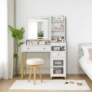 Smart Vanity Desk with Illuminated LED Mirror, Modern Makeup Dressing Table with Integrated Power Outlet, 2 Spacious Drawers and Multi-Tier Storage Shelves, Perfect Bedroom Beauty Station, Led Lights, Makeup Vanity Desk