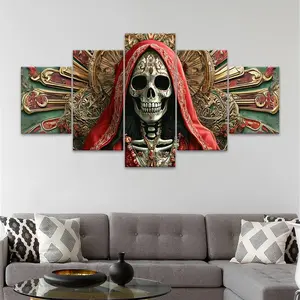 5 Counts Unframed Canvas Poster, Red Hooded Skull Skeleton Poster, Artistic Exquisite Poster, Perfect Living Room Decoration, Modern Art, Fashion Family Poster, Western Wall Art, Wall Art Decoration, Odorless, Waterproof, Artwork