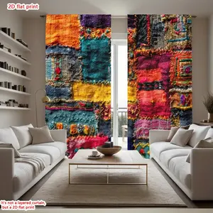 2D Flat 2Pcs bohemian patchwork design curtains, vibrant abstract block print window drapes for living room, rod pocket semi-sheer privacy, artistic home décor bedroom and lounge areas, aesthetic semi blackout curtains.