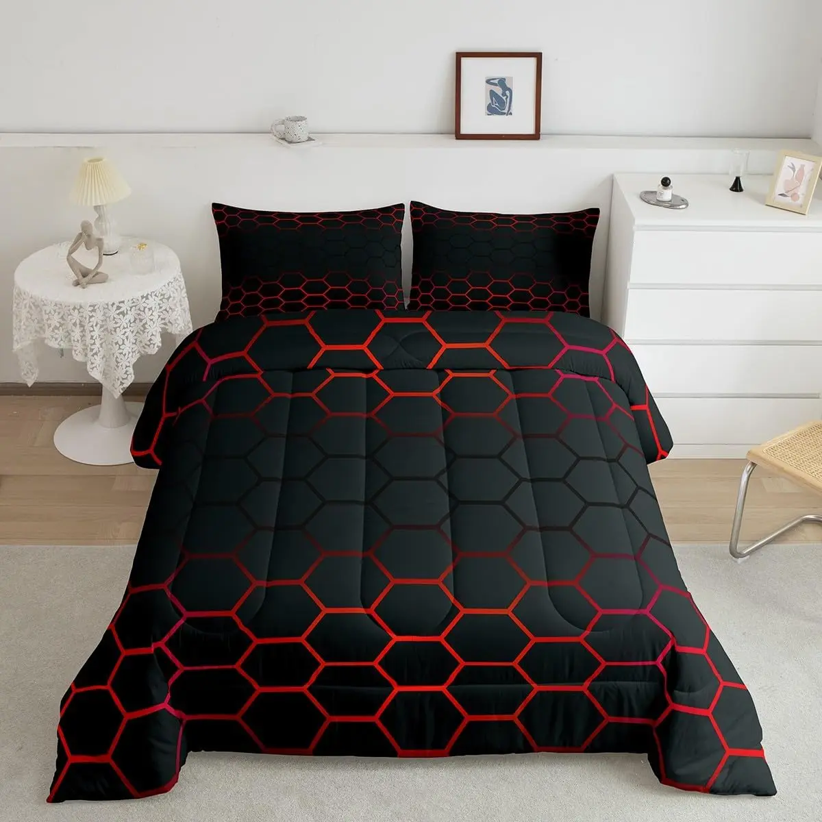 Luxury Microfiber Breathable Quilt & Bedspread Set - Modern Digital Print Red and Black Ombre Geometric Honeycomb Hexagon Designer Bedding Collection, Breathable Quilt Set