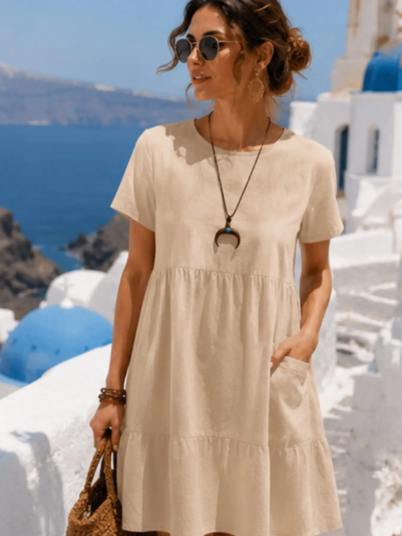 2026 Summer Cotton Linen Casual Womenswear Midi Dress, Breathable Loose Fit Short Sleeve, Round Neck Tiered Ruffle with Pockets, Comfy for Vacation & Daily Wear
