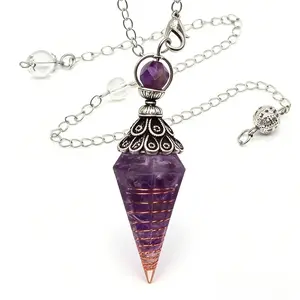 New Vintage Silver Resin Pendulum Pendant with Colorful Crystal Chips & Hexagonal Point Reiki Healing Jewelry