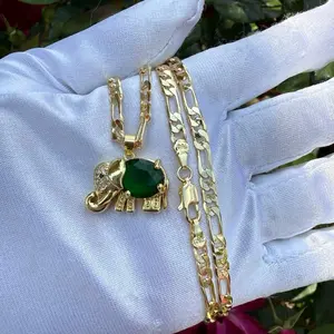 Green Elephant Necklace and Ring Set with Green Stone and Gold-Enriched Design