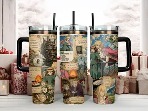 40oz Insulated Stainless Steel Studio Ghibli Howl's Moving Castle Vintage Collage Straw Tumbler - Portable Reusable Water Bottle with Handle, Straw, Lid, Insulation, Anime Art, Tumbler Style, Howl, Sophie, Calcifer, Classic Quotes for Miyazaki Fans