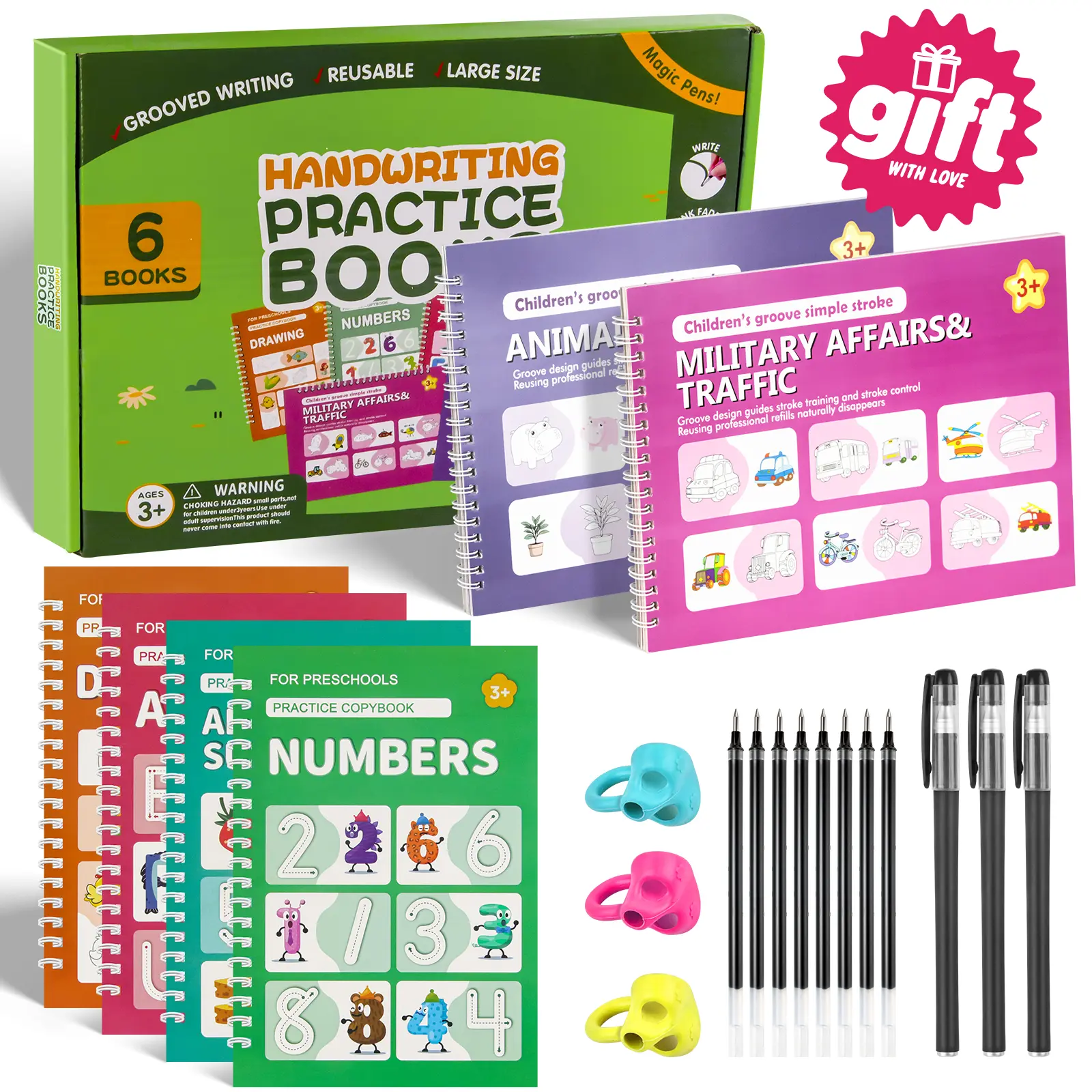 Magic Grooved Writing Practice Books for Kids Ages 3-10, Reusable Handwriting Practice Books, Preschool Learning Activities, Magic Copybooks - Tracing Books Gifts for Boys Girls, Educational Back-to-School Gifts(Practice 6-Books)