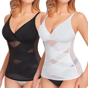 Women's Breathable Tummy Control Shapewear Cami Tanks, V-Neck Cross Mesh Design with Built-In Bra Camisole Tops   Womenswear Spaghetti Strap Underwear Basic Comfort Vest